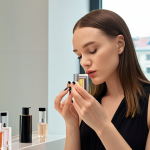 **

A stylish Polish woman confidently applying perfume in a modern, minimalist bathroom. Focus on the elegance and self-assuredness, with a blurred background suggesting a vibrant city like Warsaw or Krakow. The perfume bottle is sleek and modern, subtly hinting at a sophisticated scent.

**