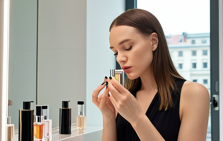 **
A stylish Polish woman confidently applying perfume in a modern, minimalist bathroom. Focus on the elegance and self-assuredness, with a blurred background suggesting a vibrant city like Warsaw or Krakow. The perfume bottle is sleek and modern, subtly hinting at a sophisticated scent.
**